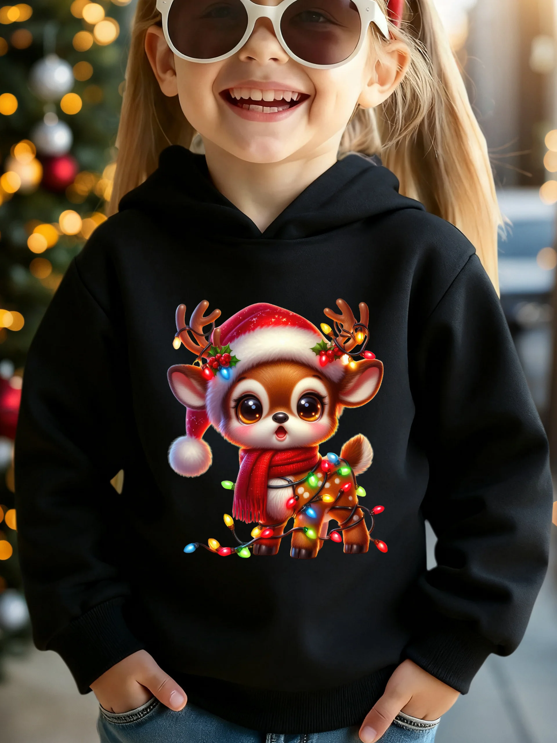 Christmas children's hooded sweatshirt, featuring a deer pattern design, with a unique print, suitable for winter.