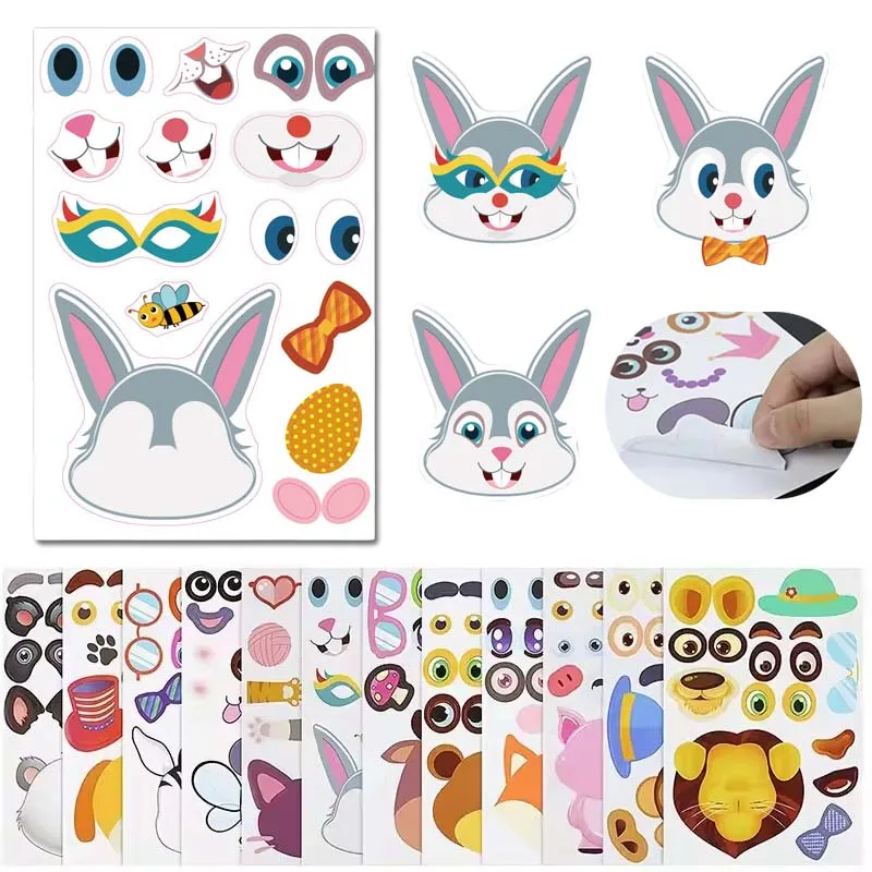 6~12Sheets Animal Make A Face Changing Stickers DIY Waterproof Reusable Children Stationery Decorative Stickers Cartoon Cute TMZ