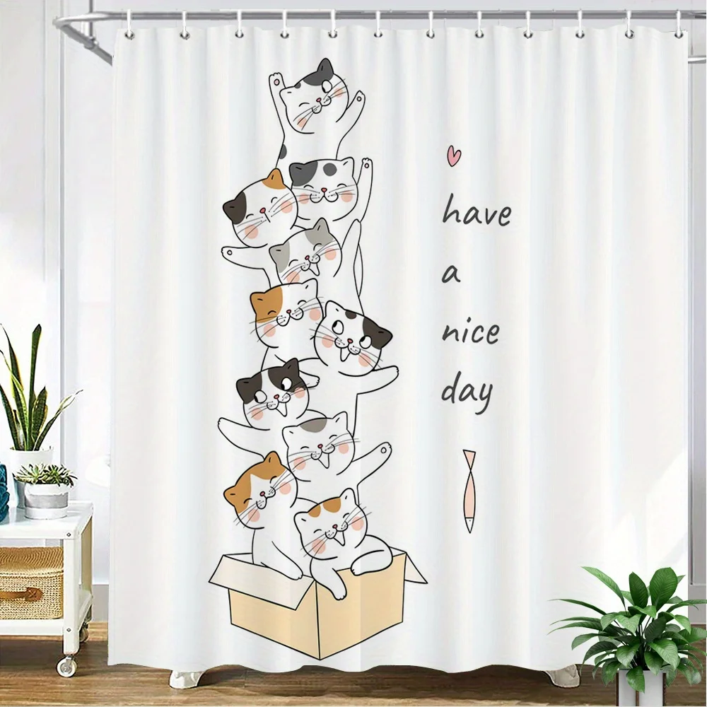 Stacked Cats Shower Curtain – Hand-Drawn Cartoon Felines in Box with 