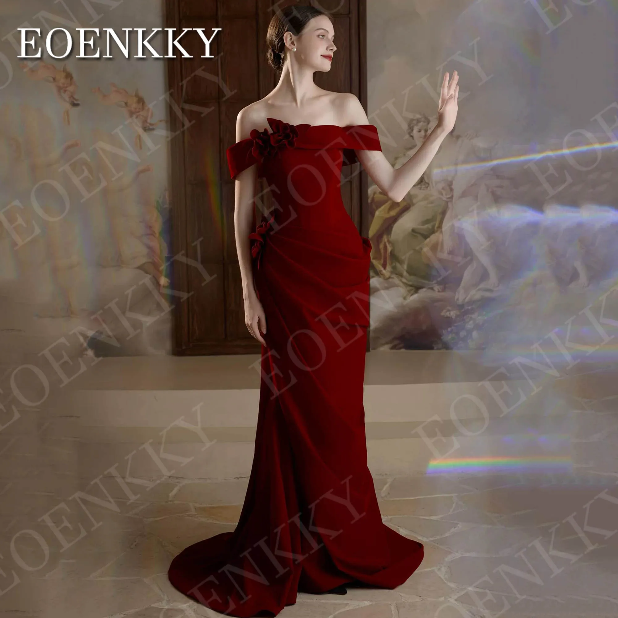 

EOENKKY Customized Evening Dress Formal Prom 2026 3D Flower Off Shoulder Mermaid Ruched Party Dresses Burgundy robe femme soirée