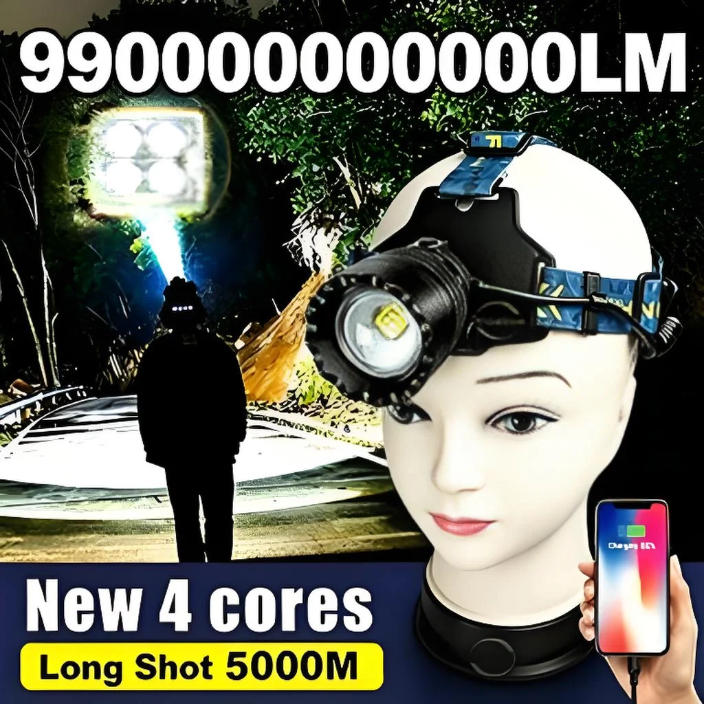 990000000000LM Long Shot 5000M Headlamp 200W LED Head Light Type-C Rechargeable Head Light Outdoor Camping Hunting Head Torch