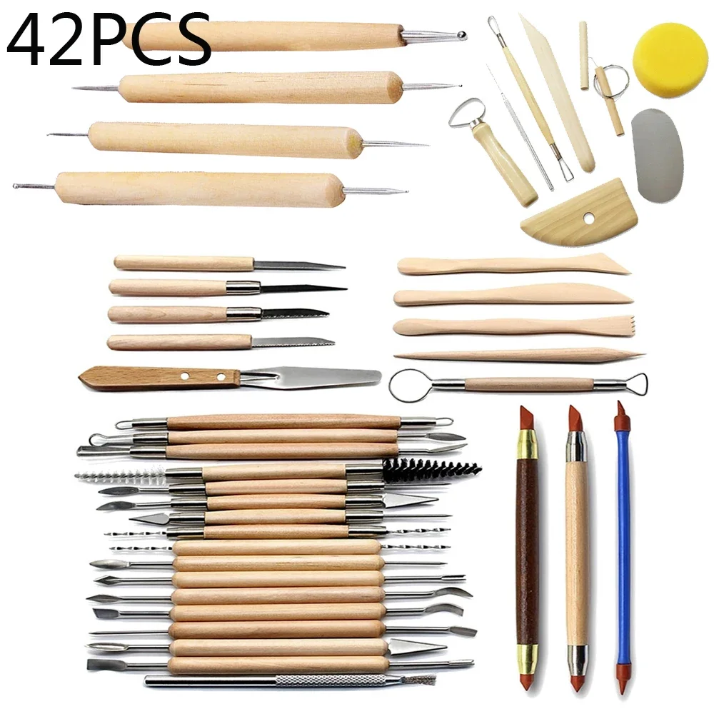 42PCS Art Crafts Clay Sculpting Pottery Pottery Tool DIY Art Clay Pottery Tool Set Wooden Handle Modeling Clay Tool Carved Tool