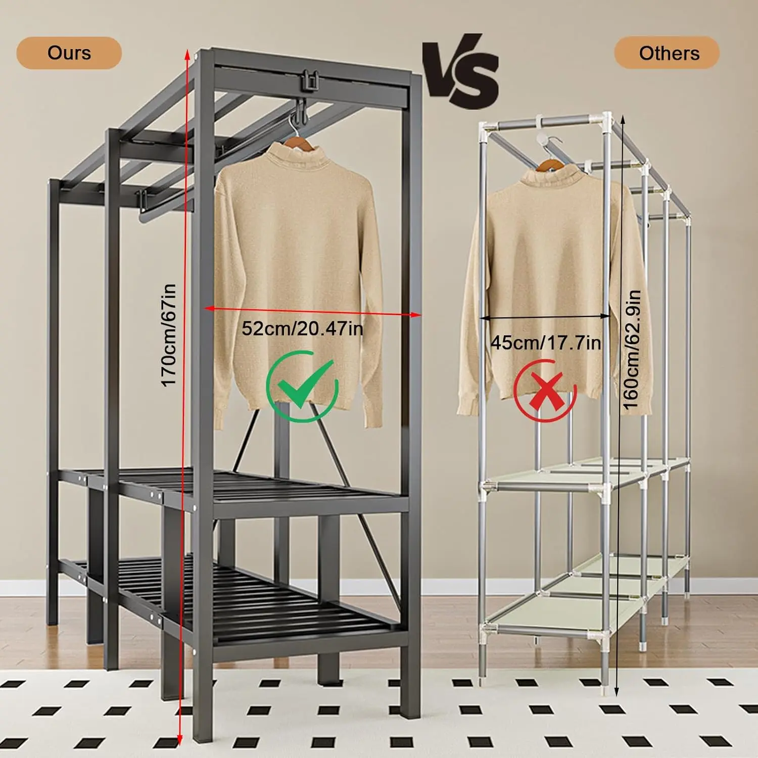 Heavy Duty Clothe Rack with Cover Load 1200lbs Foldable Portable Wardrobe Closets for Hanging Clothes Freestanding Clothing Garm