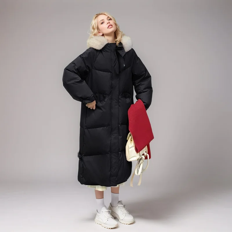 เสื้อแจ็คเก็ตพาร์กาสำหรับผู้หญิงฤดูหนาว แขนจั๊มยางยืด แต่งขนเฟอร์เทียม กระเป๋าแต่งขอบ ฮู้ด เสื้อโค้ทยาวคลุมเข่าสำหรับผู้หญิง
