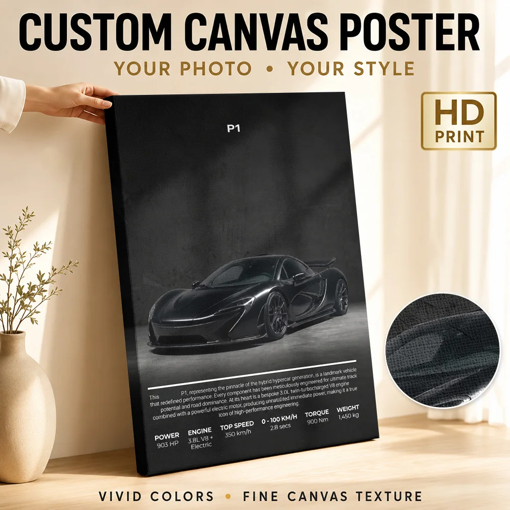 Sleek Black British P1 Hypercar Framed Canvas Poster Customized Photo Modern Minimalist Style Wall Art Garage Decor Driver Gift