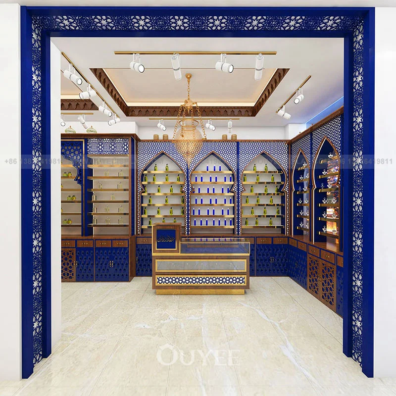 Customized-Luxury Indian Style Perfume Shop Design Arabic Perfume Display Wooden Scent Stand Display Rack Glass Perfume Display