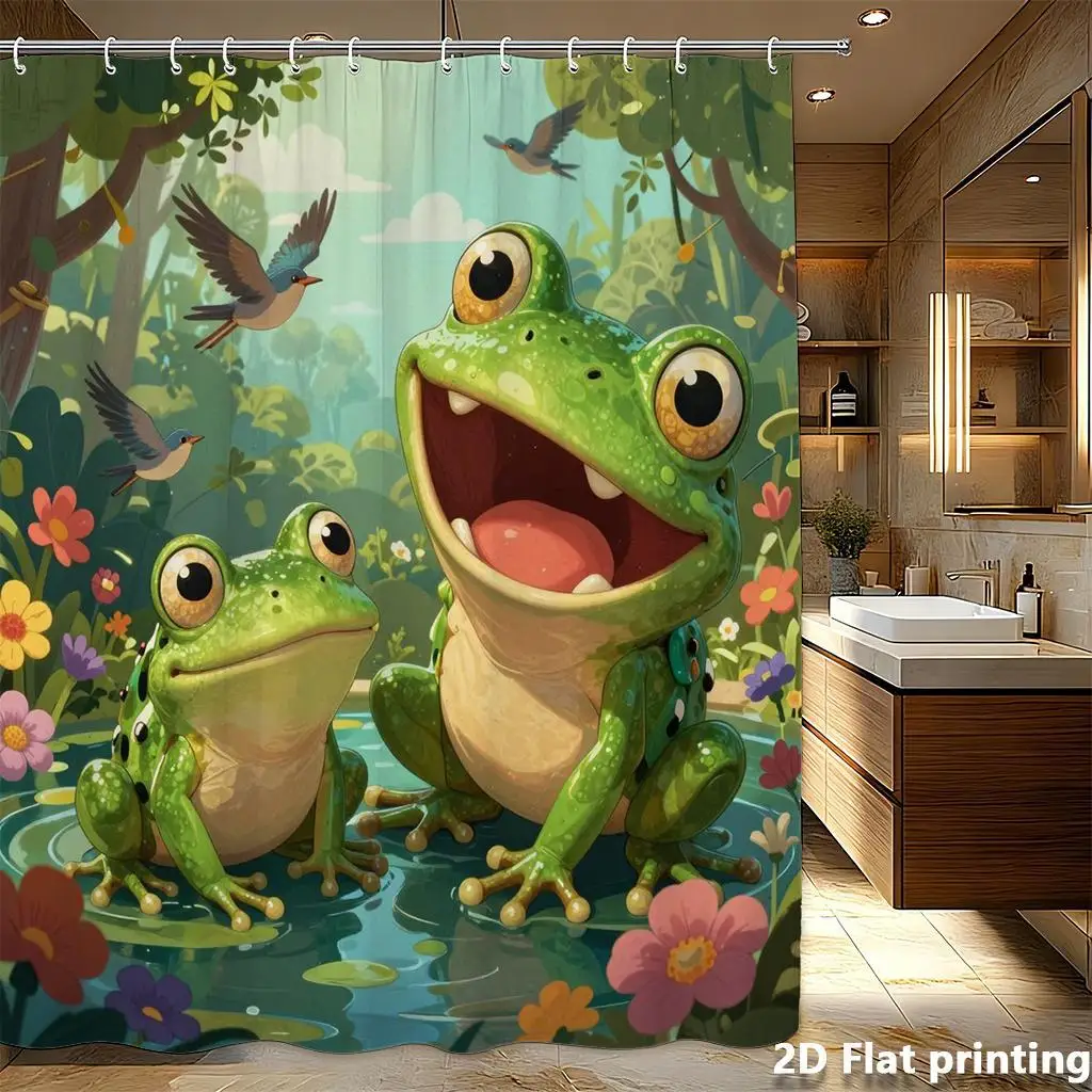 Whimsical Cartoon Frogs Shower Curtain Jungle Tropical Pond Bathroom Decor Waterproof Polyester Home Accent