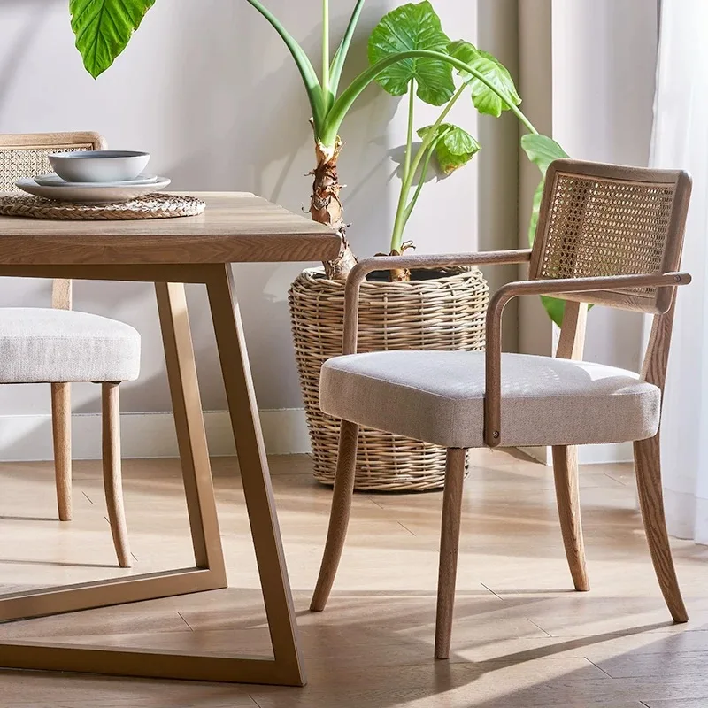 

French Retro Solid Wood Dining Chairs Japanese Rattan Woven Restaurant Hotel Dining Chair Balcony Homestay Home Furniture FYDC