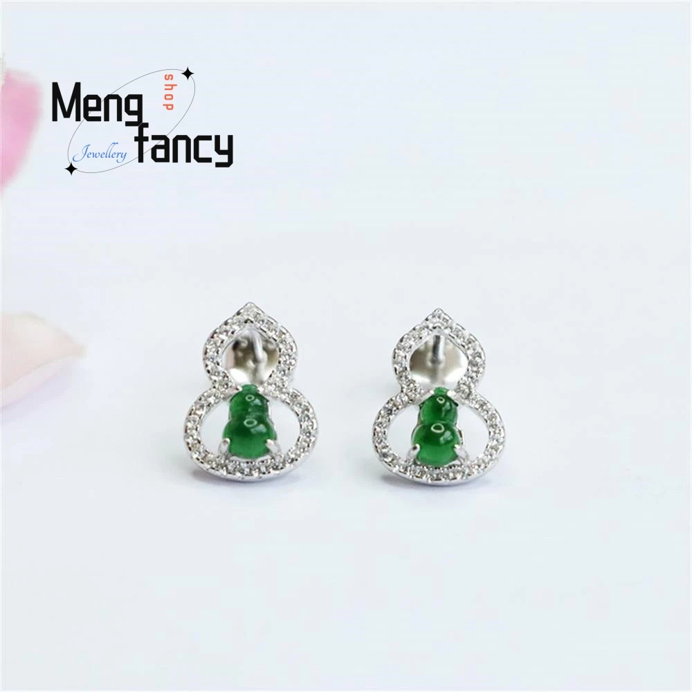 

S925 Silver Lnlaid Natural Jadeite Exquisite Elegant Simple High-grade Earrings A goods Gourd Ear Hooks Luxury Quality Jewelry