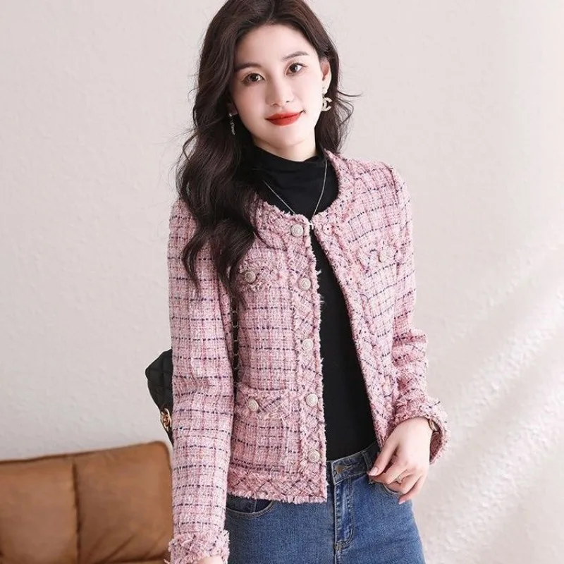 Korean Chic Woman Tweed Jacket Long Sleeve Tweed Blazer Pink Coat Cropped Jacket Luxury Outerwear Pocket Button New