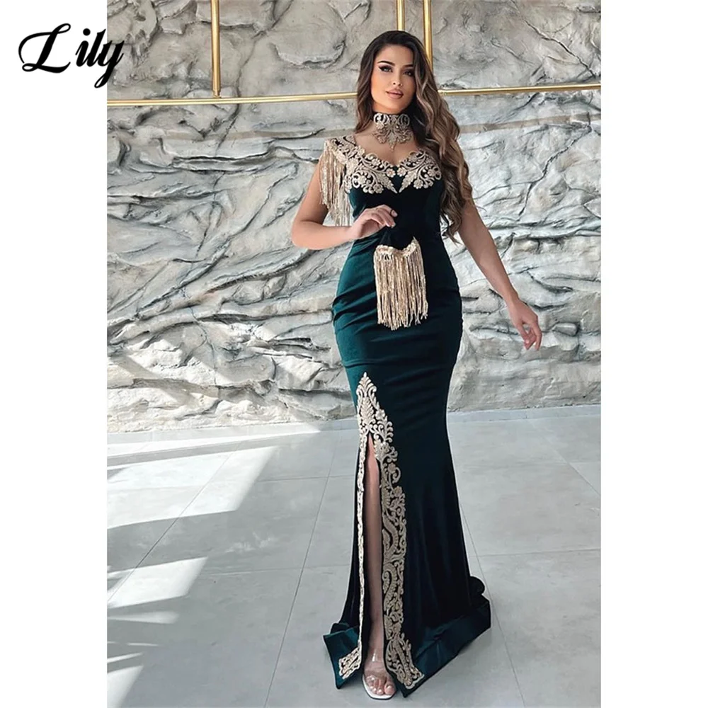 Lily Green Sexy Sweetheart Prom Dresses for Woman Elegant Tassel Applique Evening Gown Morocco Dresses Side Slit Formal Gown