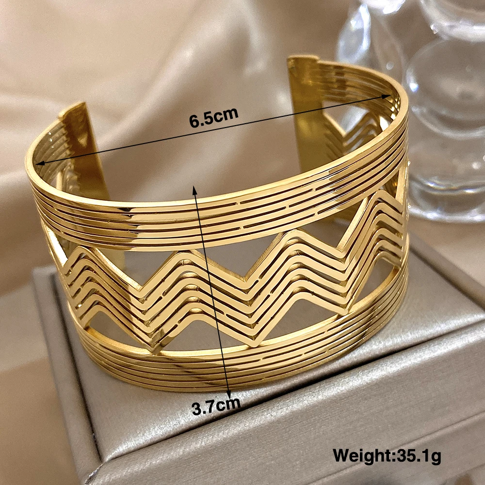 Flashbuy Vintage Golden Unique Patterns Open Bangle for Women Statement Stainless Steel Cuff Bracelet Wrist Jewelry