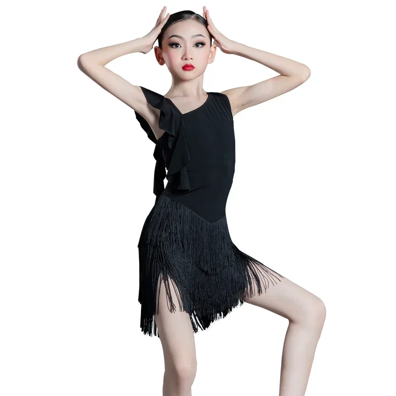 Children Kids Latin Dance Dress for Girls Black Fringe Salsa/Ballroom/Tango/Cha Cha/Rumba/Samba/Latin Dresses Competition Dance