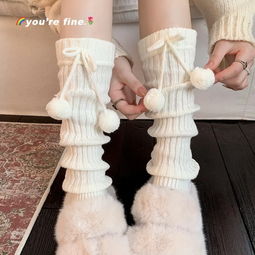 

New Solid Color Leg Warmers Knitted Bow Harajuku Middle Tube Socks Thickened Pile Sock Women