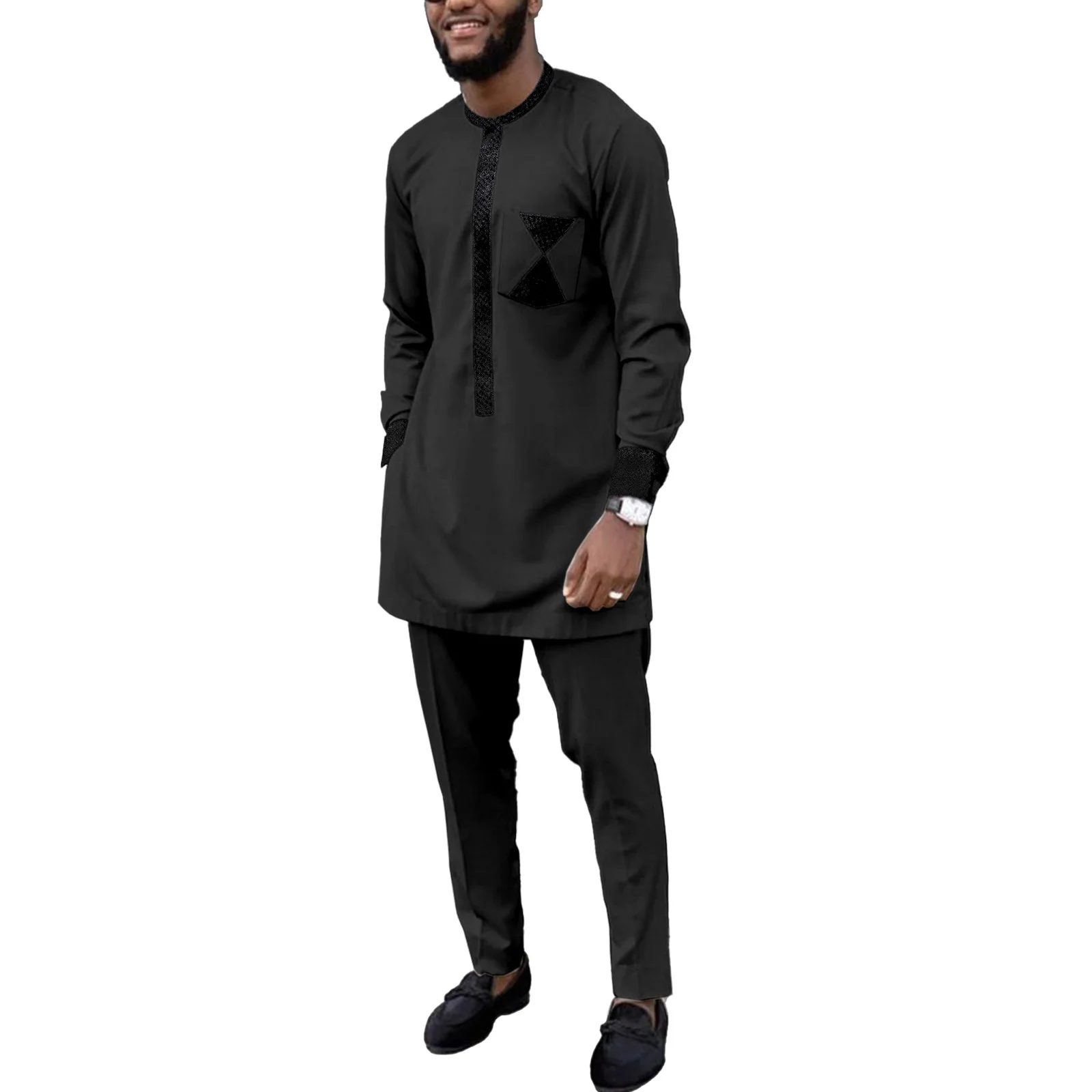 SEA&ALP Dashiki for Men African Clothing 2 Piece Sets Splice Velvet Slim Fit Long Sleeve African Mens Clothing Casual