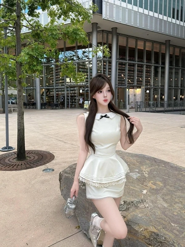 صيف جديد الحلو دمية طوق Svel عقدة أعلى الخصر Cinching التخسيس ort تنورة قطعتين مجموعة المرأة Faion #5