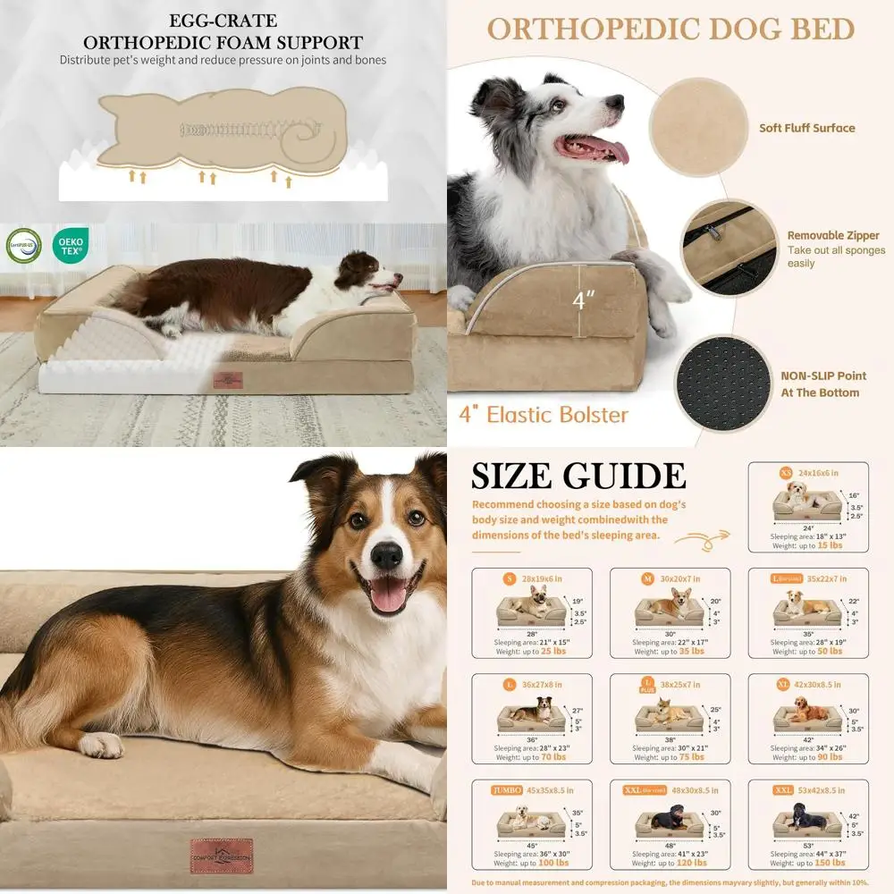 

Large Dog Orthopedic Bed, 38x25 Waterproof Foam Mattress with Removable Bolster, Washable Cover & Non-Slip Base, Light Brown
