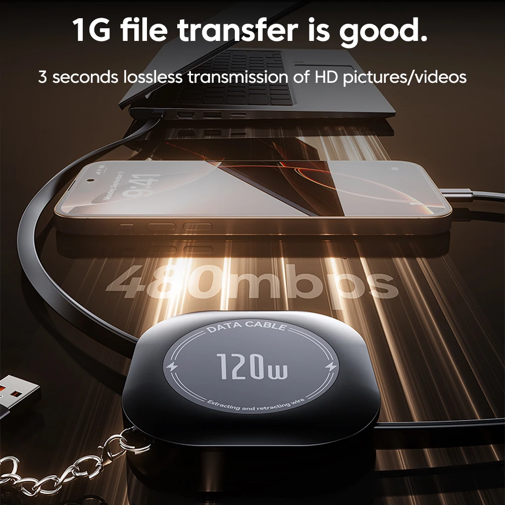كابل شحن سريع 120 وات من النوع C إلى النوع C قابل للسحب لهاتف iPhone 15 16 كابل USB مع سلك بيانات سلك شاحن من النوع C إلى USB