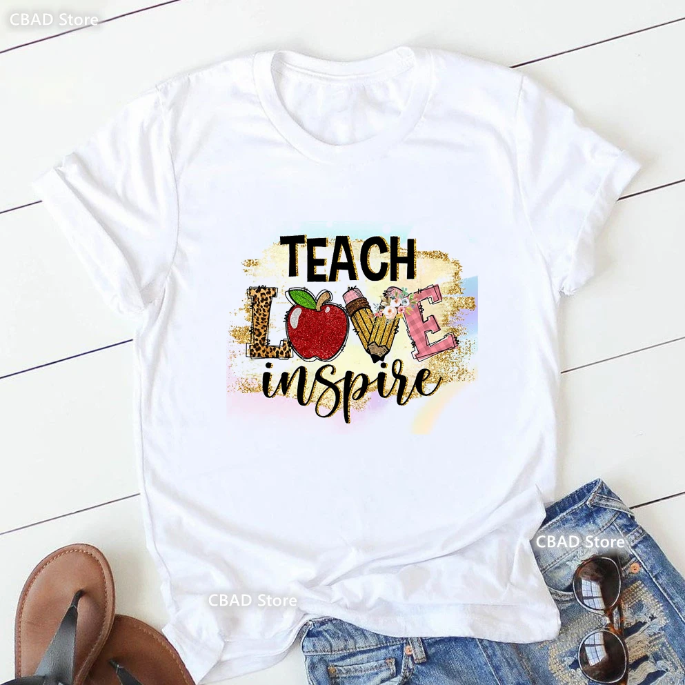 

Watercolor Teach Love Inspire Graphic Print T Shirt Women'S Clothing Teacher Life Tshirt Femme Leopard Apple Pencil T-Shirt