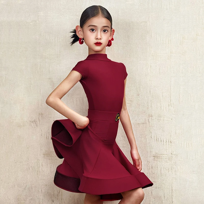 Latin Danswedstrijd Jurk Kinderen Latin Jurk Voor Stage Performance Korte Mouw Turnpakje Visgraat Rok Kinderen Dancewear 2099