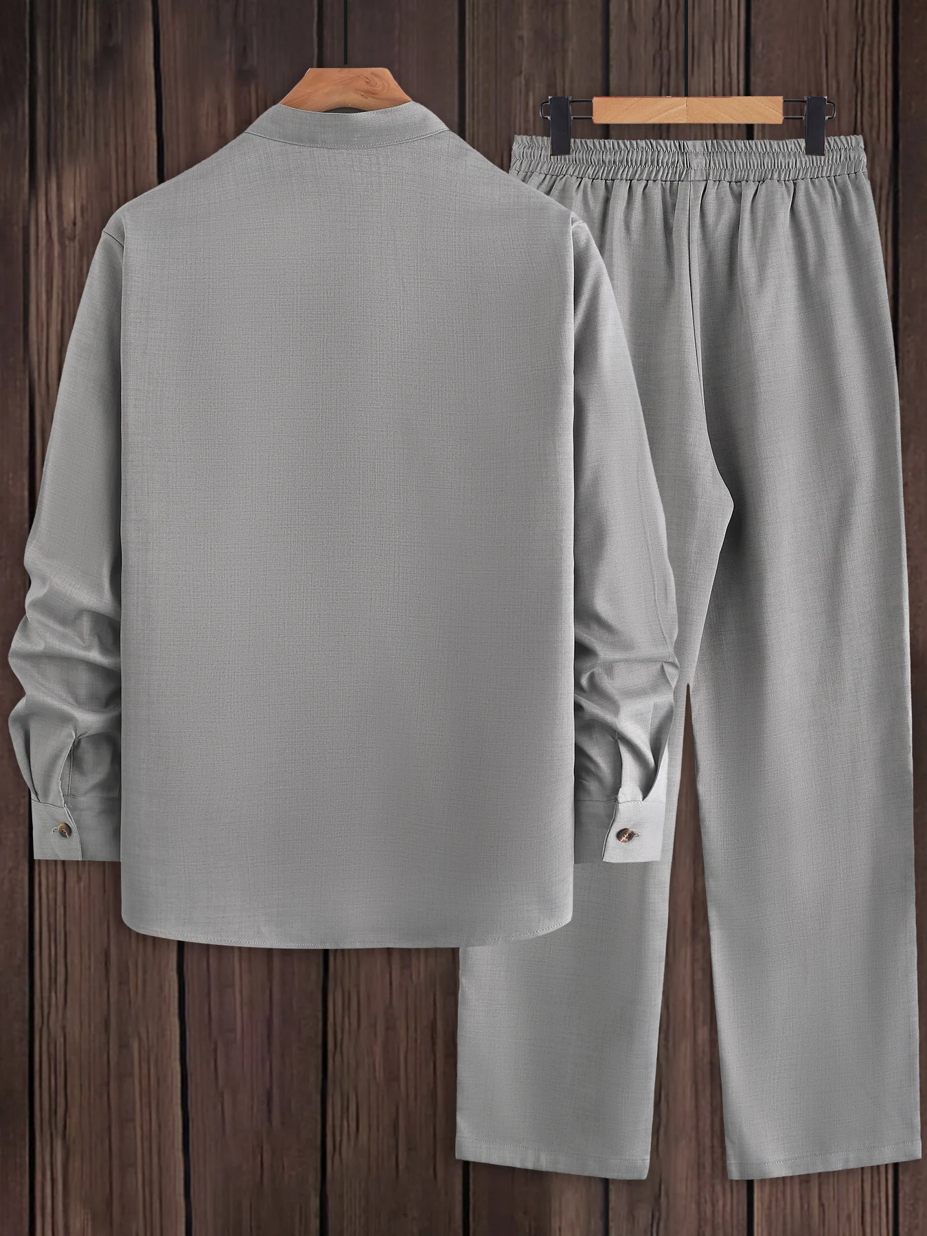 Men's 2 Piece Textured Outfits, Light Gray Stand Collar Shirt & Drawstring Pants Set