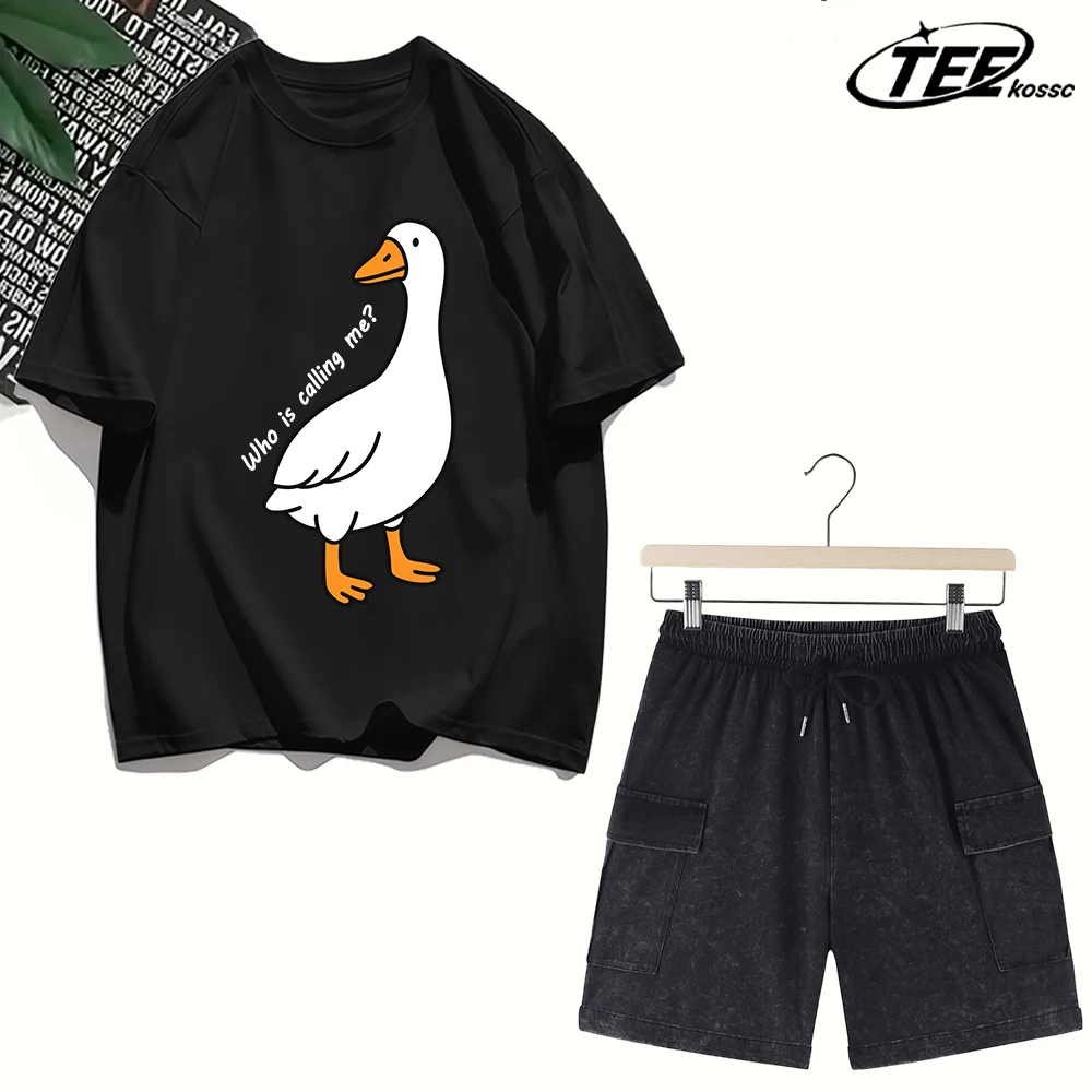 

Who Is Calling Goose Prints Man T-Shirts Cotton Pants Suit Hip Hop Summer Clothing Loose Fashion Tee Male All-Match Streetwear