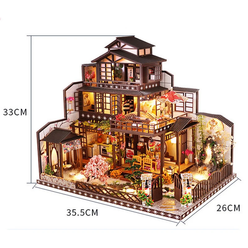 DIY Wooden Doll Houses Japanese Casa Miniature Building Kits with Furniture Led Large Villa Dollhouse for Adults Birthday Gifts