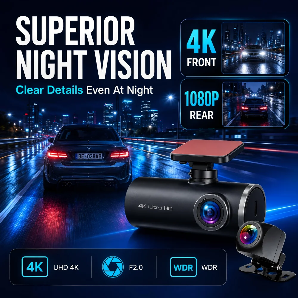 Cámara para Auto AUBERON 4K con Doble Lente, 4K Frontal + 1080P Trasera, WiFi, Visión Nocturna, Sensor G, Grabación en Bucle, DVR para Vehículos