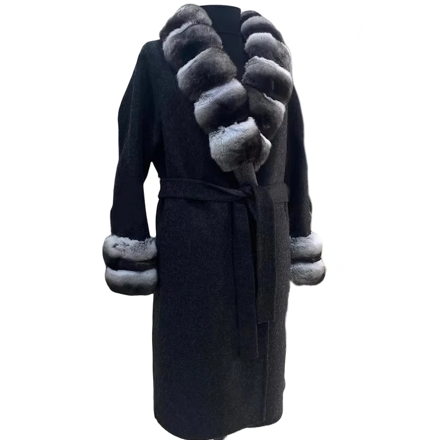 

Real Fur Coat Women's Woolen Winter Coat Wool Jacket Long Real Rex Rabbit Fur Collar Cuffs Cashmere Winter Jacket