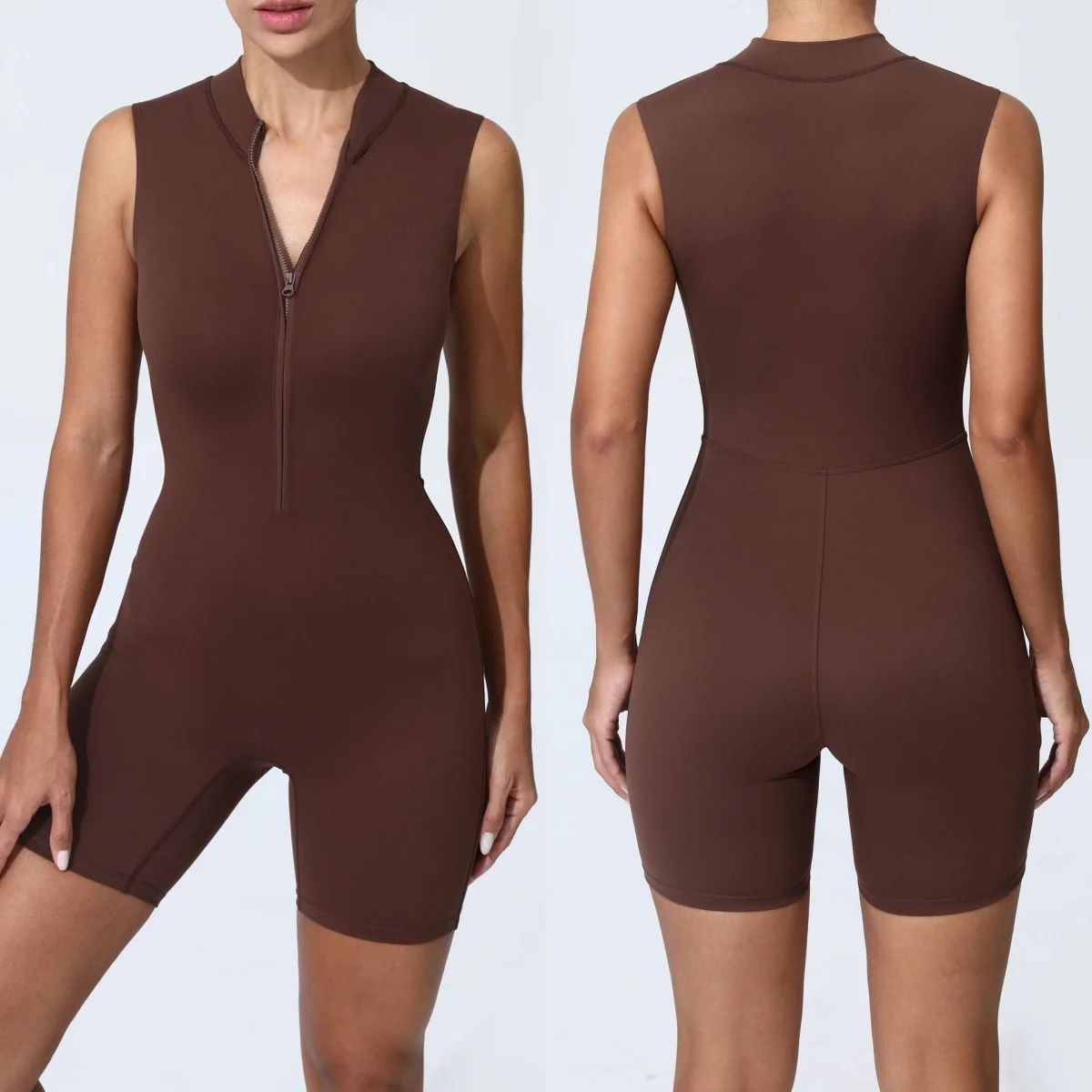 

Seamless Yoga Jumpsuit Sports Fitness Peach Hip Tight Summer Zipper Sleeveless One-piece Workout Clothing Gym Bodysuit for Women