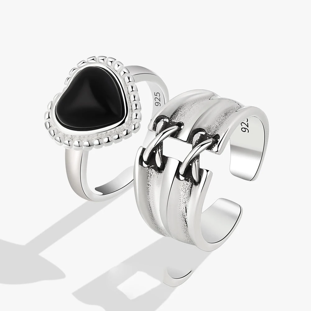 Original 925 Sterling Silver Black Heart Rings For Women Counple Wedding Engagement Silver Women's Vintage Ring Fine Jewelry