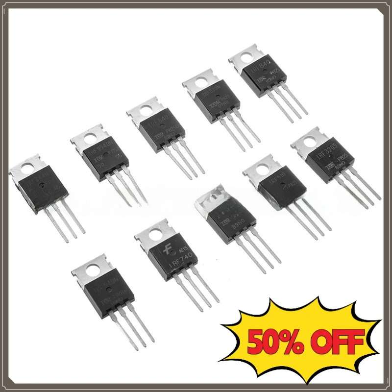 50PCS IRFZ44 IRF510 Transistors Assorted Kit 10 Types IRF Series Power Transistor for Electronic DIY/Arduino