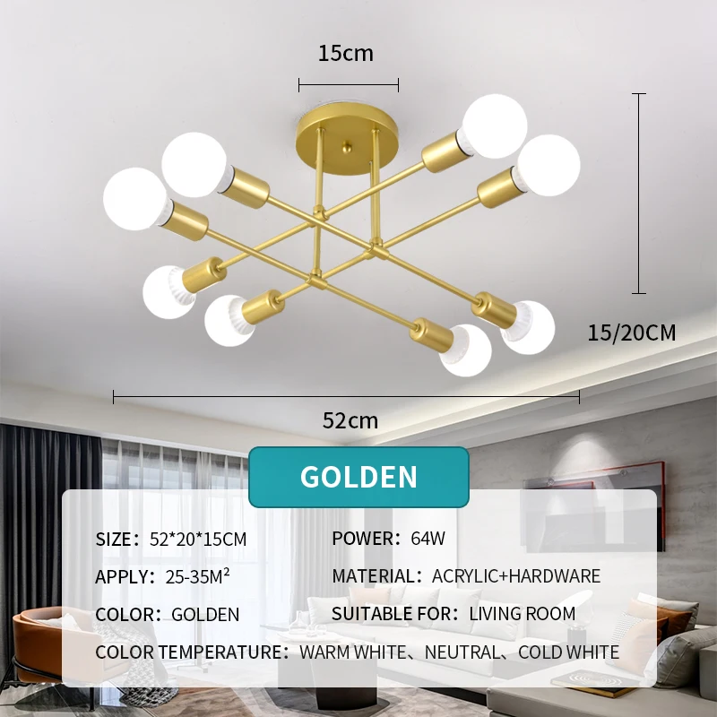 Retro Iron Chandelier Gold Black/White 6/8 Socket Iron Ceiling Lamp Vintage Spider Chandelier Indoor Bedroom House Light Fixture