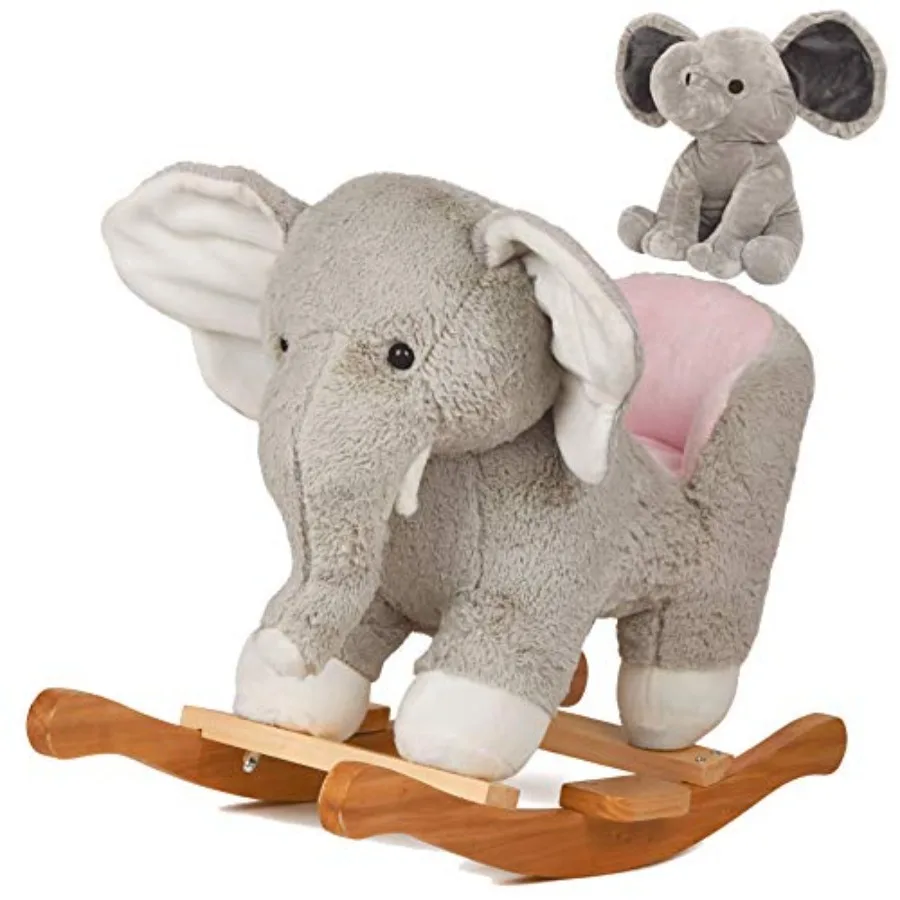 

Elephant Baby Rocking Horse Wooden Rockers with Base Seat Safety Belt and 1 Pcs Elephant Plush Stuffed Animals Toy for Toddlers