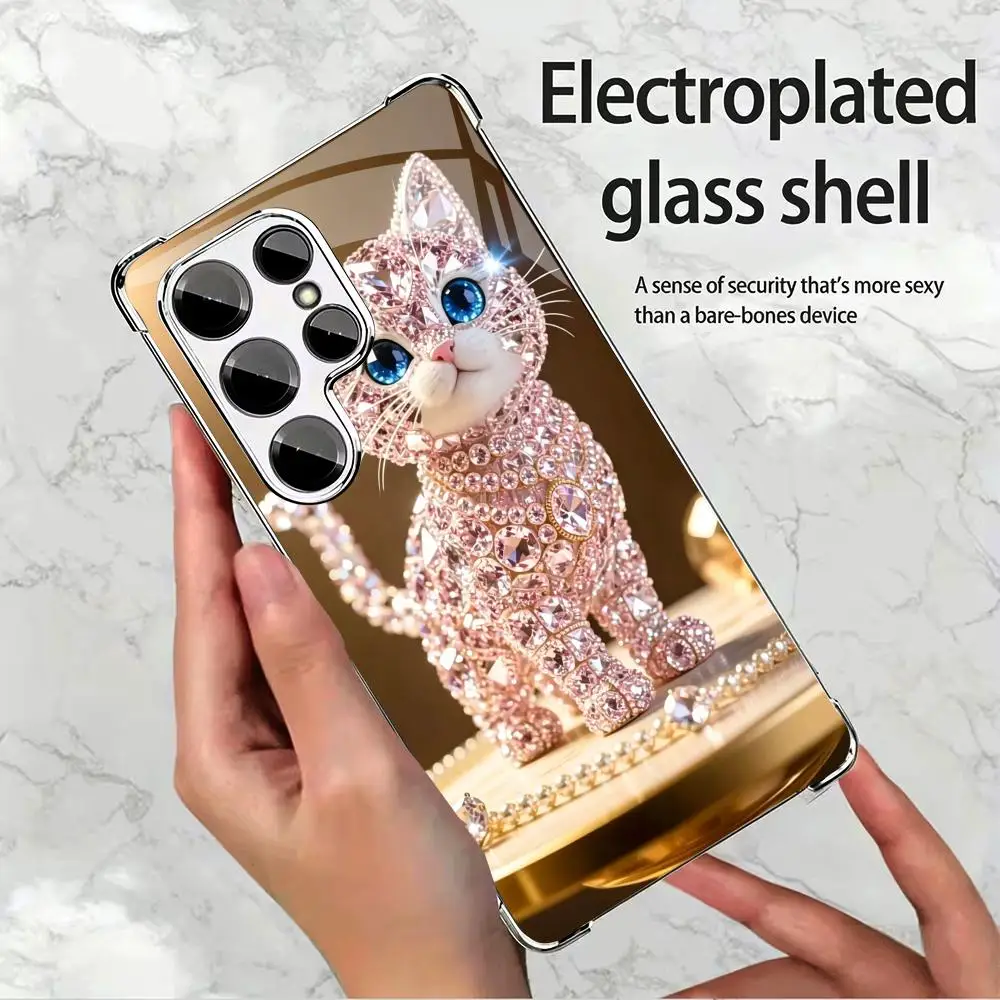 Premium Pink Crystal Cat Print phone case glass s26 ultra case mobile phones for Samsung Galaxy S26 S25 S24 S23 S22FE,Ultra,Plus