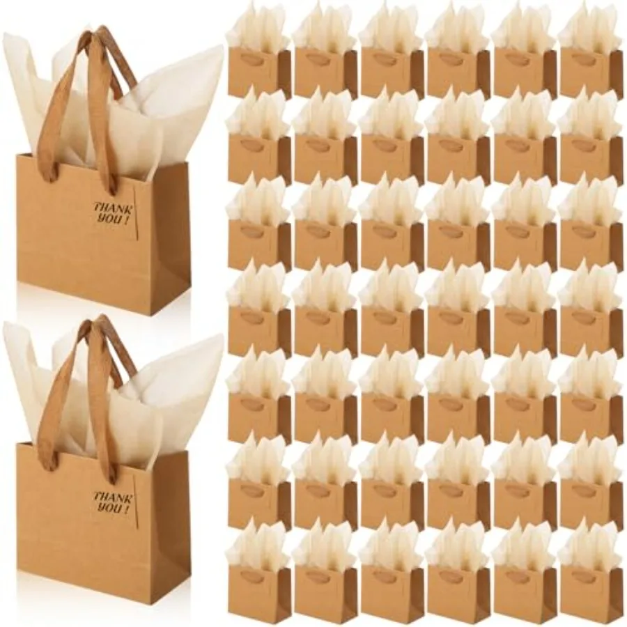 

100 Pcs Mini Gift Bags Bulk with Tissue Paper Small Kraft Paper Bag with Handle Gift Tag for Birthday Party, Weddg, Graduation,