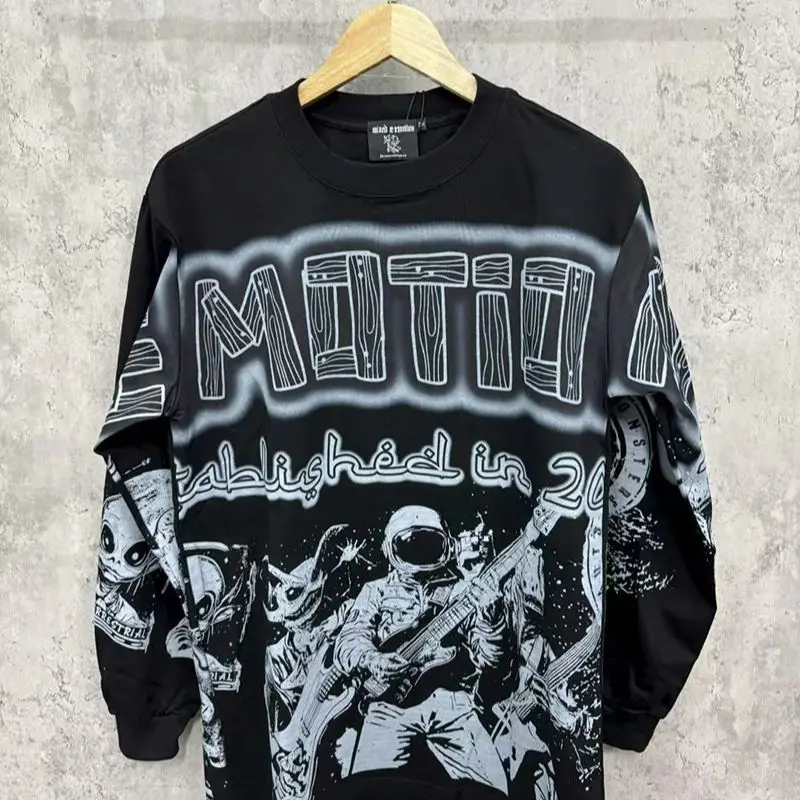 2025 جديد مختلط العاطفة كم طويل تي شيرت الرجال امرأة شارع العليا طباعة أفضل جودة Crewneck الهيب هوب المتضخم القمم
