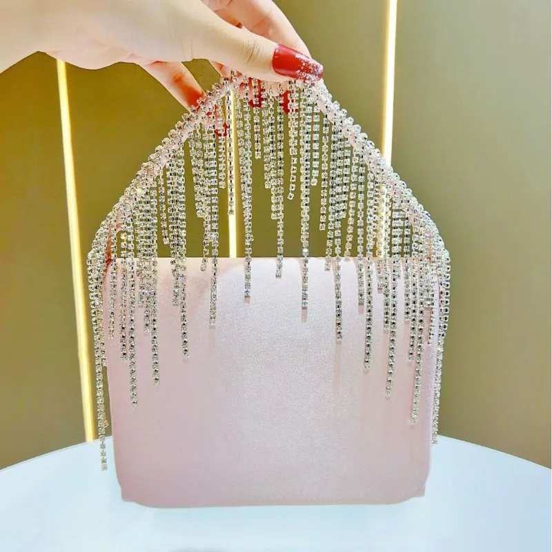 High-end Diamonds Tassels Evening Handbag Luxury Socialite Ladies' Fromal Dress Party Bag Small Square Flap Clutch Purse Gold