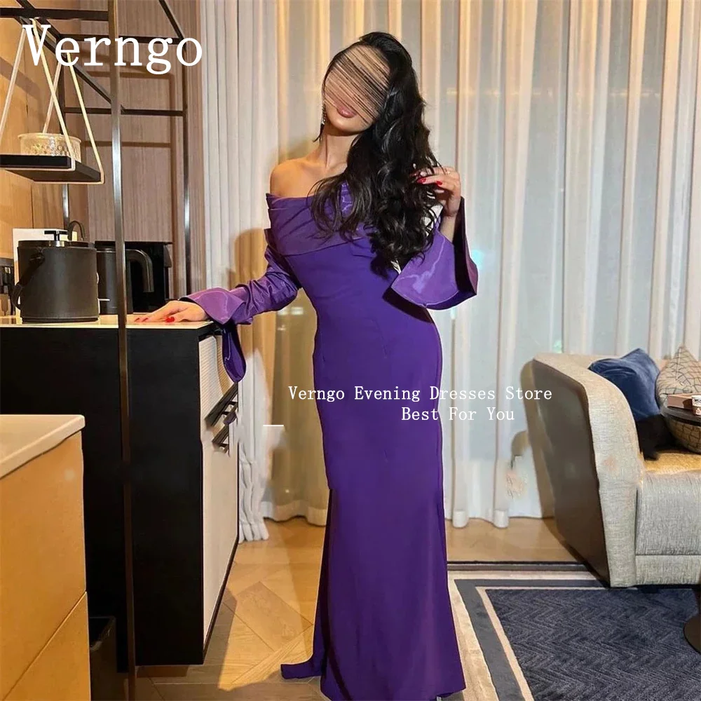 Verngo Purple Crepe Evening Dress For Women Off The Shoulder Mermaid Prom Gowns Dubai Formal Occasion Dress