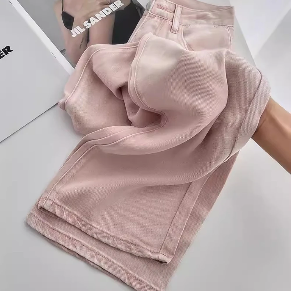 

Pink Ice Silk Jeans Women's Summer Thin Large Size Loose Wide Leg Pants Fashion High Waist Slim fit Denim Straight Pants S-4XL