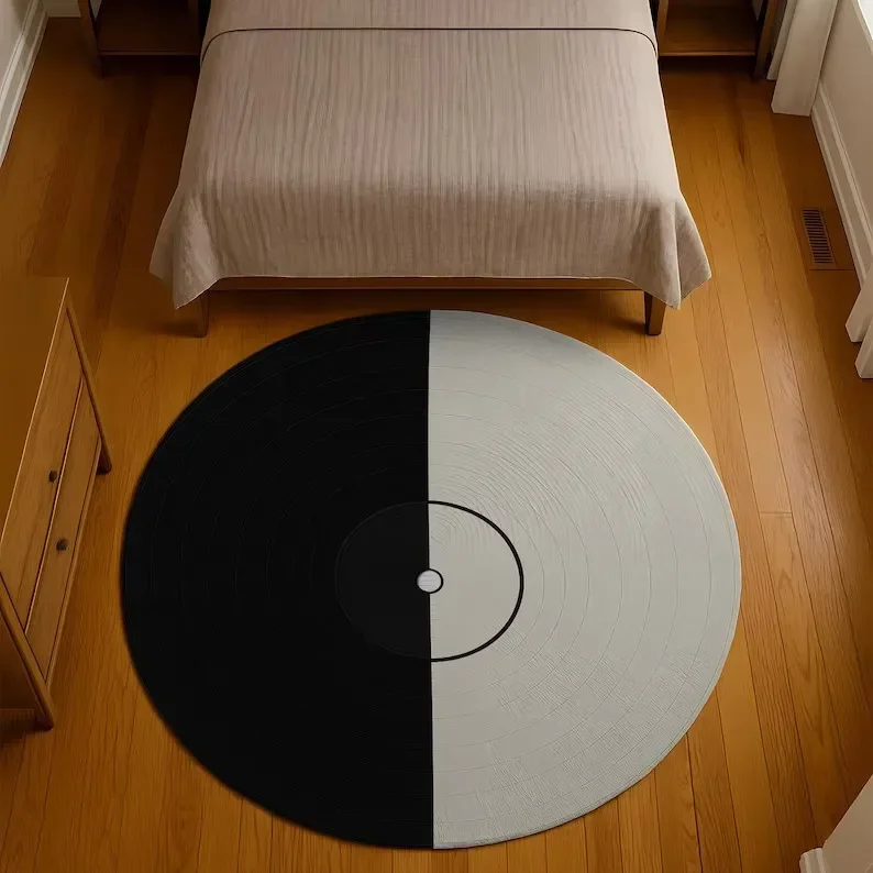Vinyl Record Round Rug – Black & White CD-Shaped Carpet for Music Lovers, Simple & Versatile Home Decor