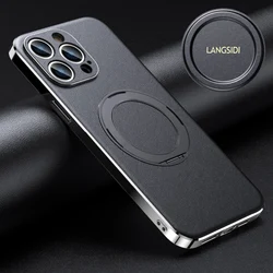 Genuine Leather for Magsafe Phone Case for iPhone 14 15 Pro Max 16 13Pro Luxury Lens Protection Magnetic Holder Back Cover