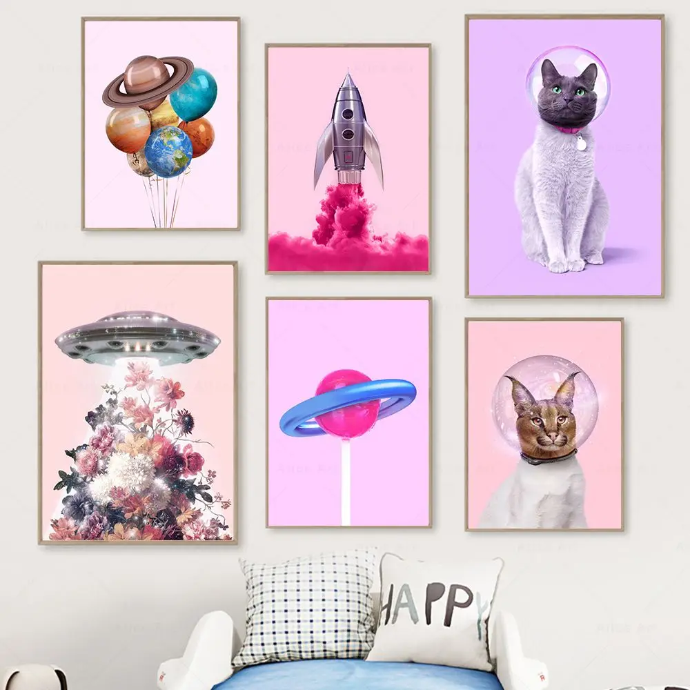 Floral UFO Galaxy Rocket Planet Lollipop Space Cat Wall Art Pink Space Poster Print Canvas Painting Wall Picture Kids Room Decor