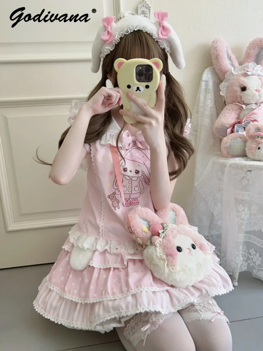 

Original New Summer Sweet Girl Daughters Cute Bunny Two-piece Set Outfit Sailor Collar Short Sleeve Pink T-shirt Mini Skirt
