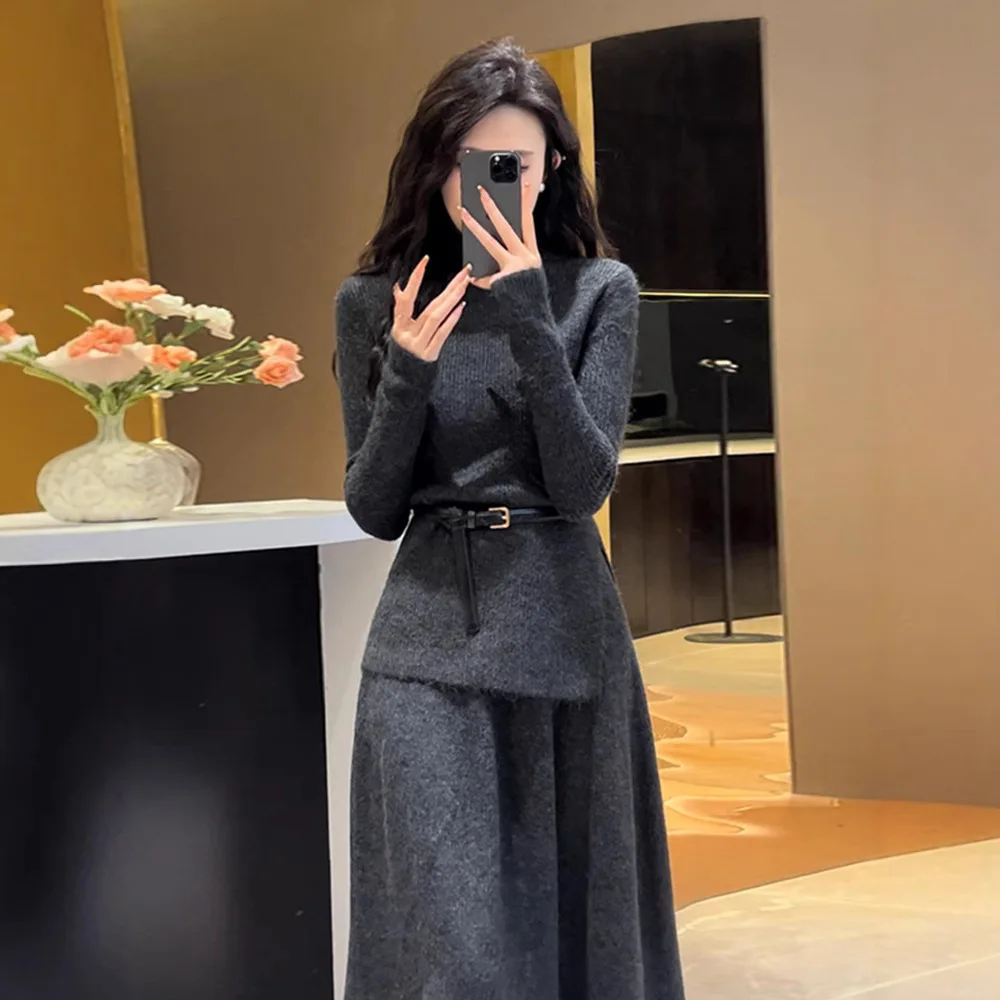 

Женский комплект 2022, осенне-зимний женский вязаный комплект с юбкой и футболкой с длинными рукавами, роскошный наряд