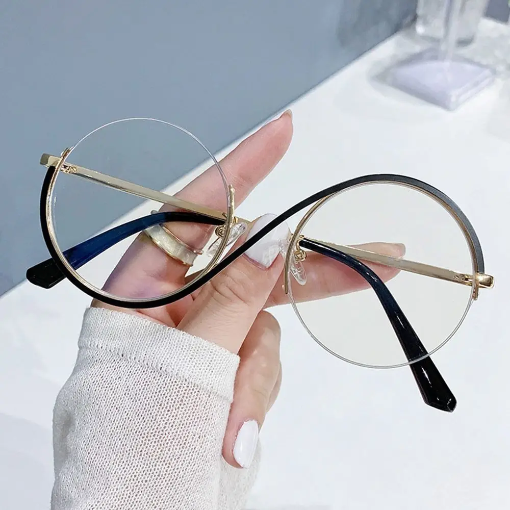 

Round Semi-Rimless S-Shape Women Eyeglasses Big Frame Clear Lens Optical Eyewear Vintage Metal Anti-Blue Light Glasses Goggles