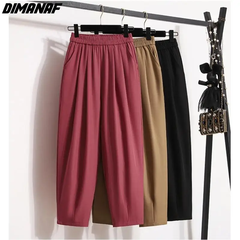 

Dimanaf 2024 Summer Plus Size Women Harem Long Pants Elastic Waist Vintage Casual Pants Solid Cotton Loose Pants