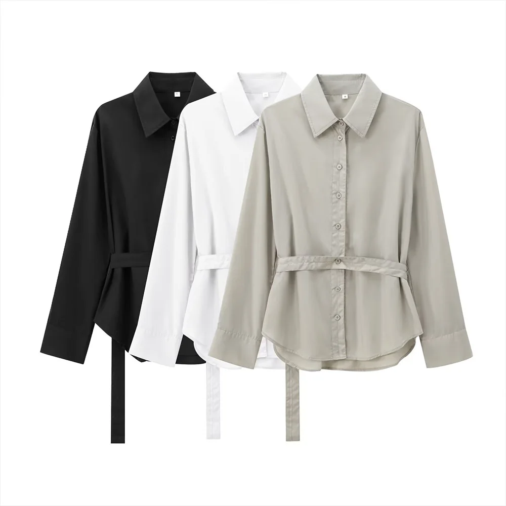 Easy Match Light Khaki White Black Three Color Polo Collar Single Breasted Long Sleeves With Belt Women Loose Shirt ZATAF 2024