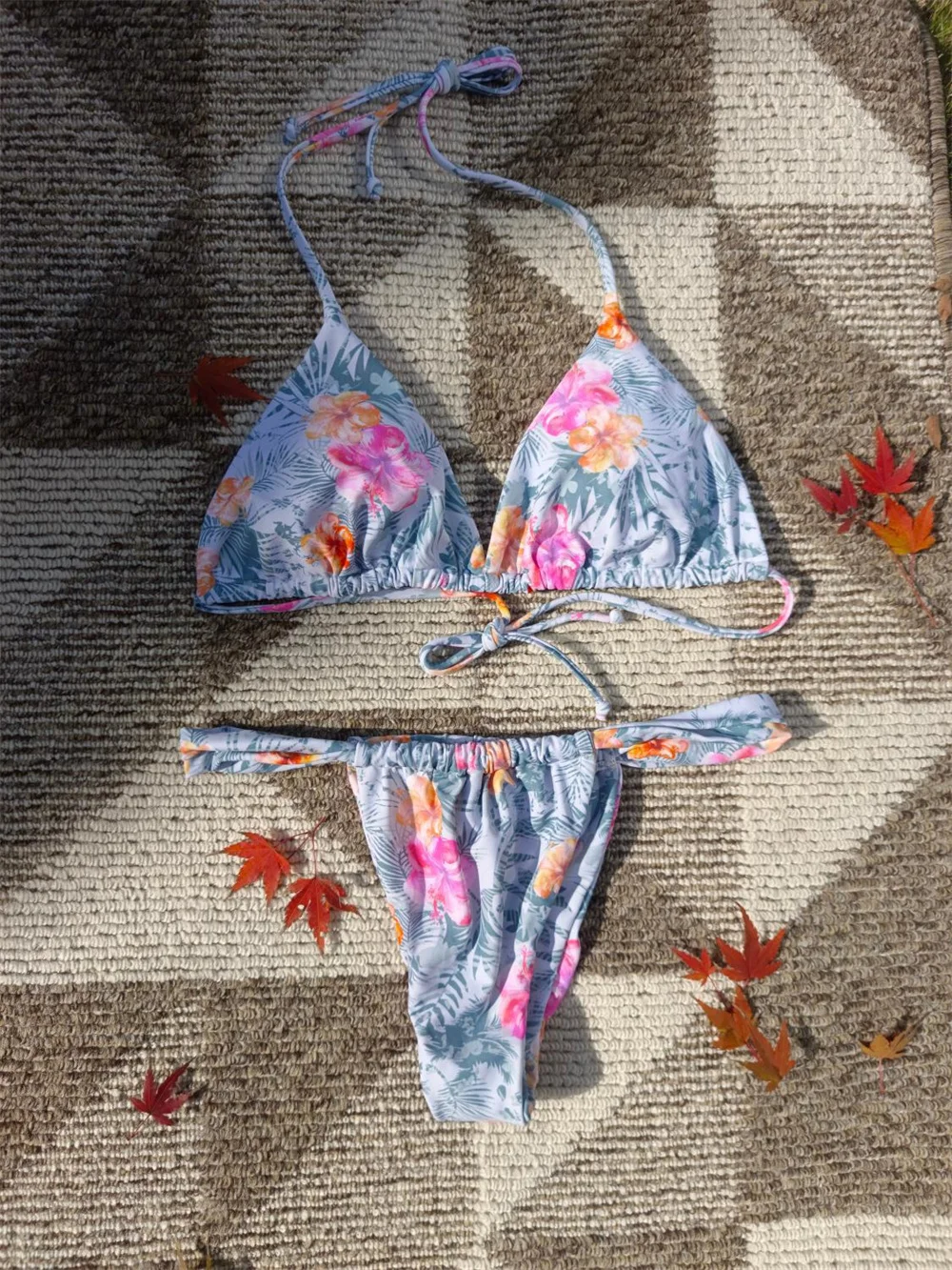

Triangle Floral Bikini Lace Up Swimsuit String Backless Beach Vacation Swimwear Thong Women Trend Summer Outfit Y2K Bathing Suit