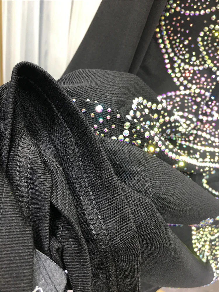Hot Rhinestone Sweatshirt Top Ladies Luxury Butterfly V-neck Long Sleeve T-shirt Black Loose Slimming Autumn Women's Clothing
